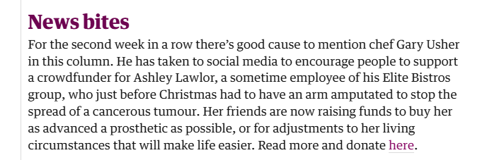 jayrayner1's tweet photo. In today's newsbites, I wrote about Ashley, a stalwart of Manchester's hospitality sector, who recently lost an arm to cancer. Now her friends are raising cash to help her and lots of readers have given. Link below for anyone else in a position to help.
https://t.co/5yR2EKjKKu https://t.co/OfPjcBjQm0
