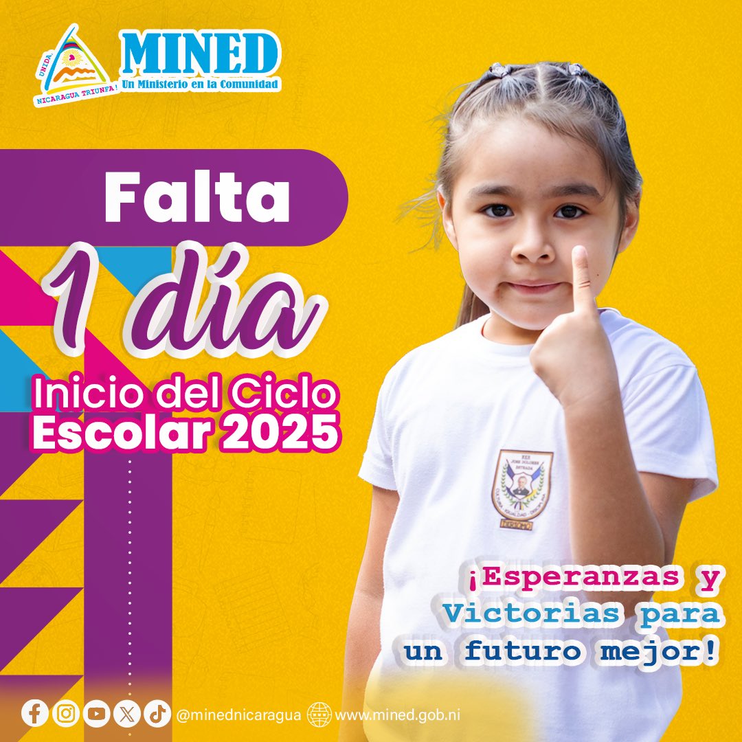 minednicaragua's tweet photo. Falta 1 día para el inicio del Buen Ciclo Escolar 2025 ¡Esperanzas y Victorias para un futuro mejor! 🎒✏️📚 https://t.co/6iqk3afism