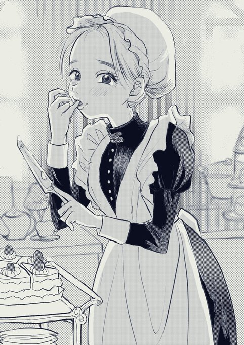 ケーキカットするメイドのつまみ食いを発見 