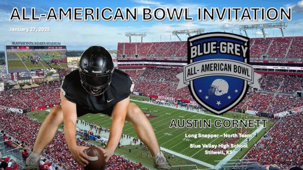 BVTouchdownClub (@bvtouchdownclub) on Twitter photo Tune in and watch Austin Cornett (Senior, BV) compete in the Blue Grey All-American Bowl Game on Monday. He will be wearing #43 for the North Team. Good luck <a href="/AustinCornett21/">Austin Cornett</a>!
January 27, 2025 at 1:00 p.m. EST
📍Tampa Bay Buccaneers’ Stadium
📺💻Broadcast via ESPN3 Tune in and watch Austin Cornett (Senior, BV) compete in the Blue Grey All-American Bowl Game on Monday. He will be wearing #43 for the North Team. Good luck <a href="/AustinCornett21/">Austin Cornett</a>!
January 27, 2025 at 1:00 p.m. EST
📍Tampa Bay Buccaneers’ Stadium
📺💻Broadcast via ESPN3