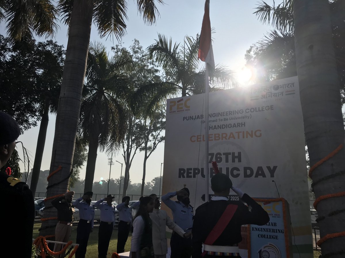 CBC_Chandigarh's tweet photo. The 76th Republic Day was celebrated with unparalleled zeal at @PEC_Chandigarh. The day began with the hoisting of the National Flag by Director Prof. (Dr.) Rajesh Kumar Bhatia, followed by the heartfelt singing of the National Anthem.

#RepublicDay2025
@airnews_chd https://t.co/5KvoKnkxBC