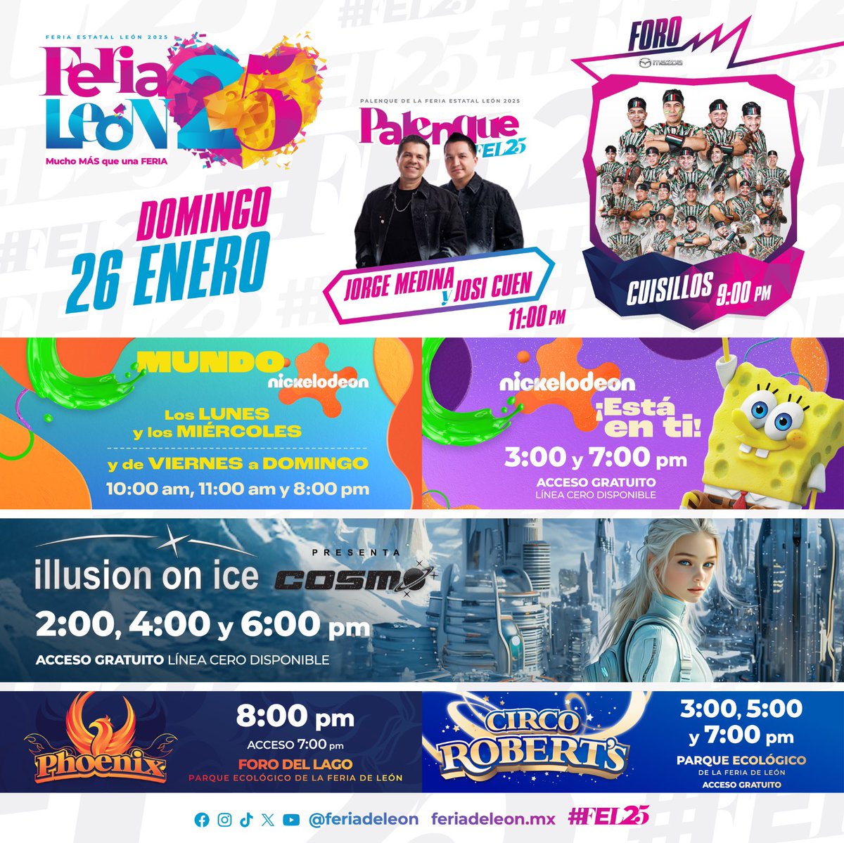 FeriaDeLeon's tweet photo. Te compartimos el programa del día, ¿Ya sabes cuál es tu plan?✨🙌🏻

Aún te quedan muchas atracciones más que descubrir. ¡Te invitamos a la Feria Estatal de León 2025! 🎡🎢 https://t.co/btwHzSxiNh