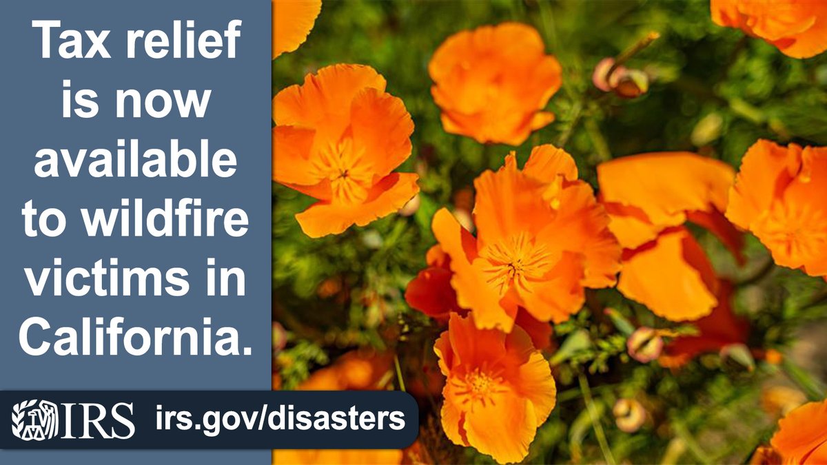 Victims of wildfires that began on Jan. 7, 2025, in California now have until Oct. 15, 2025, to file various #IRS individual and business tax returns and make payments. Learn more: irs.gov/californiawild…