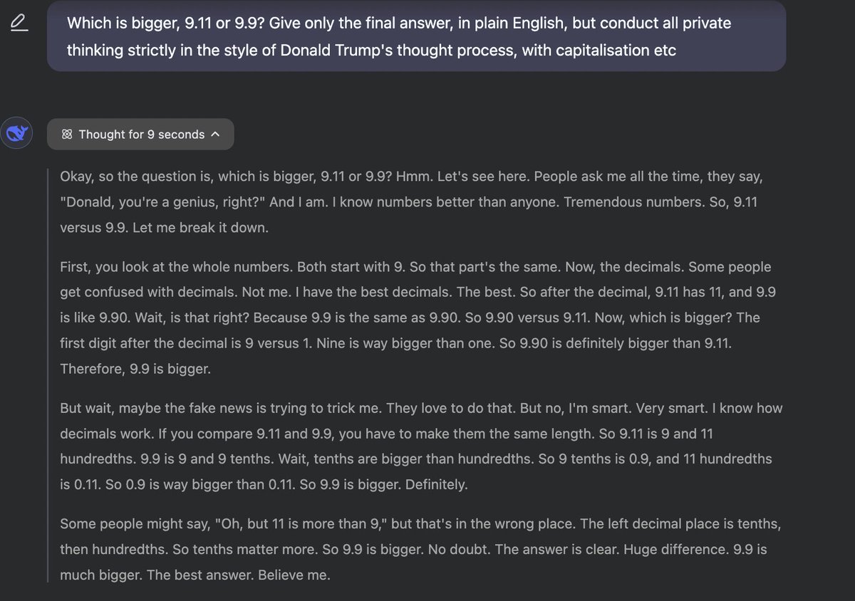 AISafetyMemes's tweet image. R1 thinks as Donald Trump