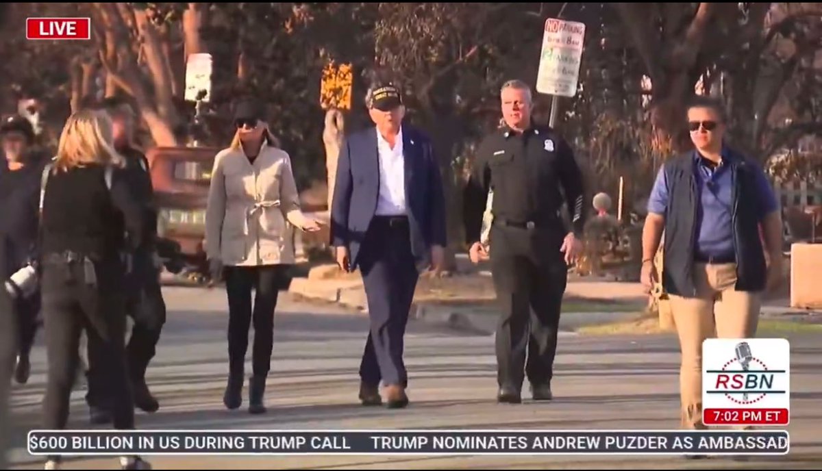 MeghansMole's tweet photo. President Trump & Melania Trump visited Pasadena to survey the damage of the LA fires 

Not ONCE did The President or The First Lady trespass onto anyone’s burned down property for a photoshoot or sifted through burned remains 

Unlike Prince Harry & Meghan Markle who trampled & trespassed all over a persons burnt down property for some photos 

Prince Harry & Meghan Markle have YET to make a MONETARY DONATION to the LA fires victims