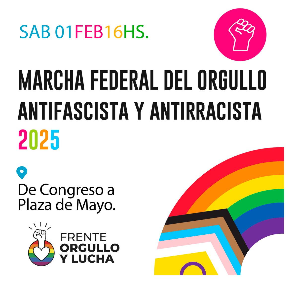 CHAArgentina's tweet photo. Este sábado 1 de febrero Marcha Federal del Orgullo Antifascista y Antirracista.
¡La vida esta en riesgo!,
¡Basta!
¡Al closet nunca más!
De Congreso a Plaza de Mayo.
#LGBTINB+
#OrgulloYLucha
#LineaHistorica https://t.co/tnuWsXA9c6