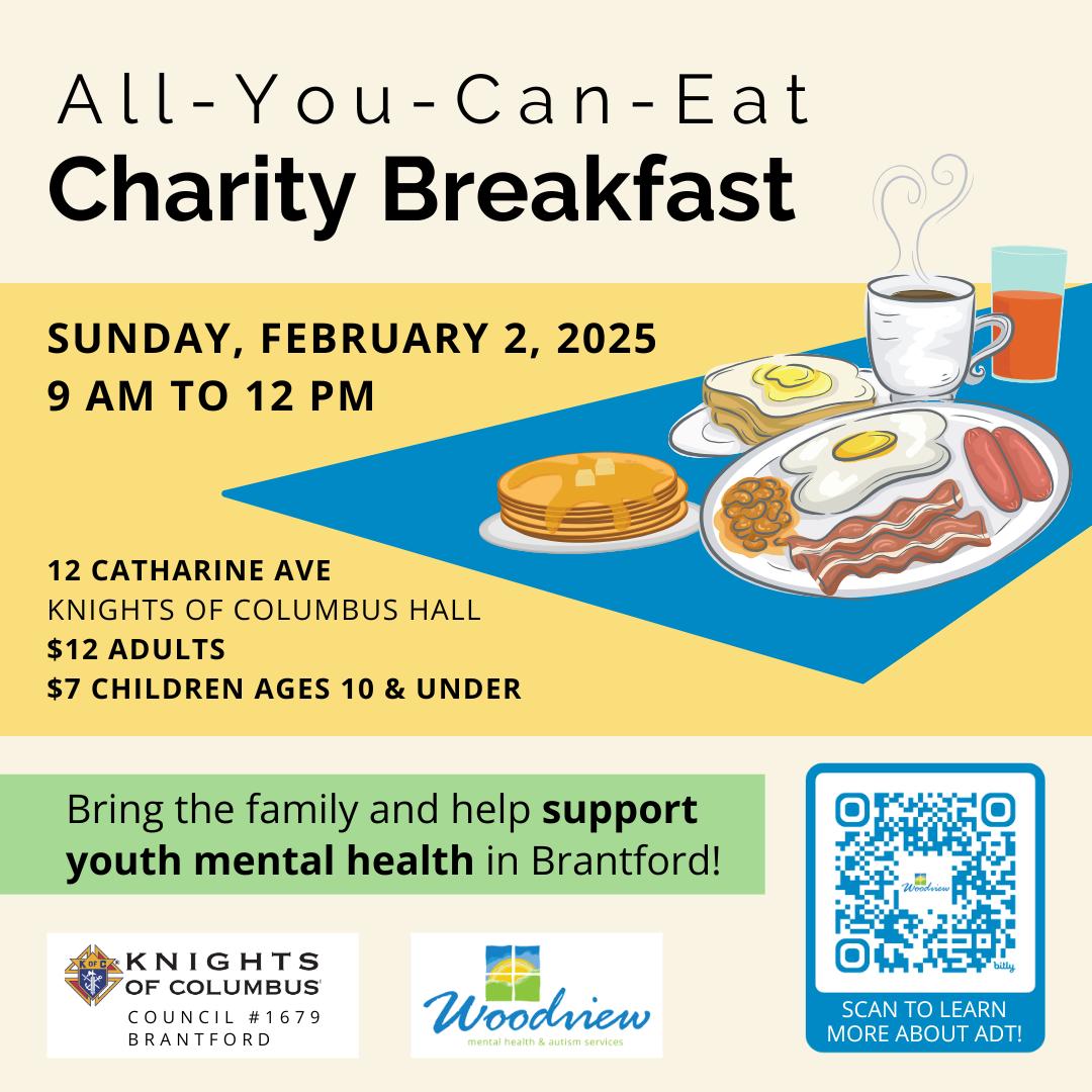 🥓 Start your Sunday right on February 2nd with the CHARITY BREAKFAST  – only $12 for adults, $7 for kids (10 &amp; under)!  Bacon, eggs, pancakes &amp; more, while supporting our Adolescent Day Treatment program!

📍 12 Catharine Ave, Brantford 
9:00 AM to 12:00 PM