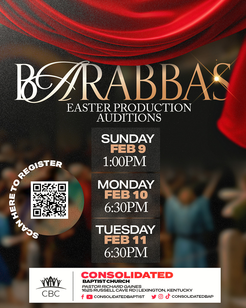 ConsolidatedBap's tweet photo. If you are interested in acting, prop building, stage crew, costumes, etc. we NEED you!!  Please scan the QR code to sign up for auditions for our presentation of Barabbas April 19 and 20. https://t.co/eSZlSpcOaS