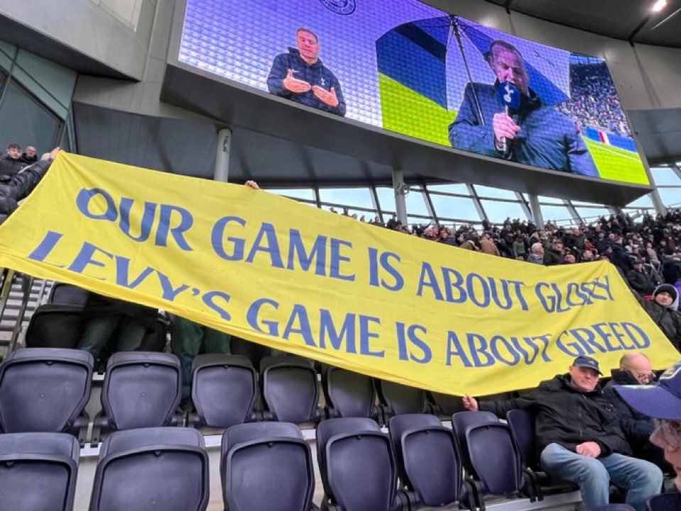 TheSpursExpress's tweet photo. Another banner from Tottenham fans as they make it clear they want #LevyOut and #EnicOut https://t.co/PEnUpTDGko