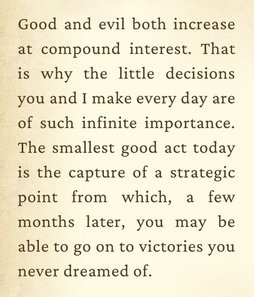 NarniaWeb's tweet photo. "The smallest good act today is the capture of a strategic point from which, a few months later, you may be able to go on to victories you never dreamed of."
—C.S. Lewis #CSLewisSunday https://t.co/ljdNBBqs4z
