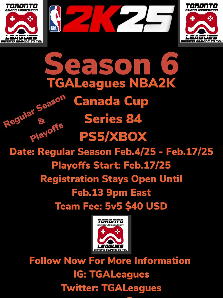 REGISTRATION OPEN NOW!!!
TGALeagues NBA2K Canada Cup Series 84!!! Pre Season Tourney Feb.3rd 1 Day Tourney. SIGN UP NOW!!!
 <a href="/Big_Brudda_PURP/">Coach Purp</a> <a href="/2k_sportscenter/">2K SPORTSCENTER/#2ktop5</a> <a href="/WalkOnWarriors/">⚠️ Walk-On Warriors</a>
<a href="/DK_BULLY/">OFFICIAL DK_BULLY</a>
<a href="/2KFreeAgency/">Brice The Barber</a>
<a href="/2kProAmENews/">Elite Ballers News 📰</a>
<a href="/yeynotgaming/">LVI YEY</a>