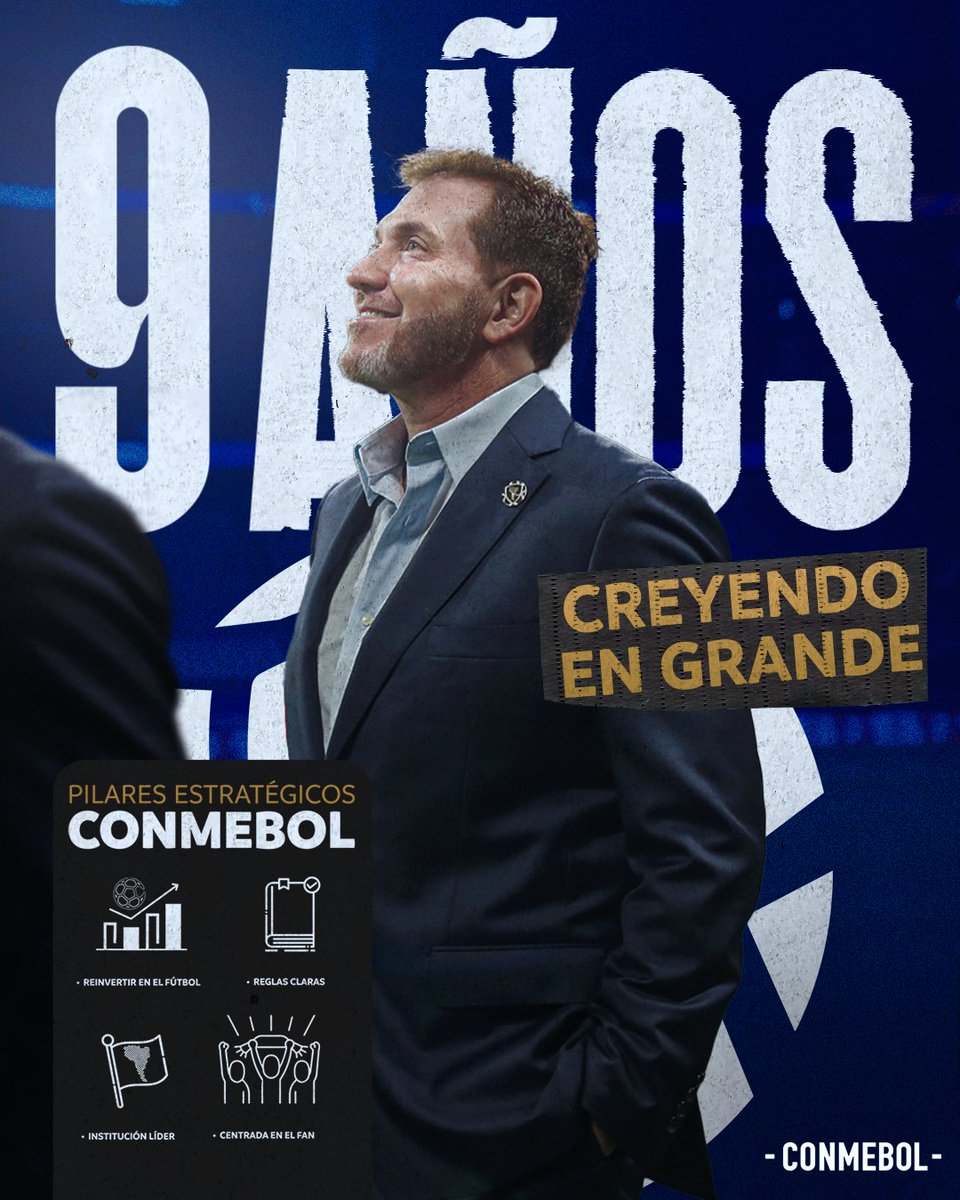 ¡9 años creyendo en grande, 9 años transformando al fútbol sudamericano! El 26 de enero de 2016 asumí la presidencia de <a href="/CONMEBOL/">CONMEBOL.com</a>. Seguimos trabajando, seguimos creciendo.
.
9 anos acreditando sempre, 9 anos transformando o futebol sul-americano! Em 26 de janeiro de 2016 assumi a