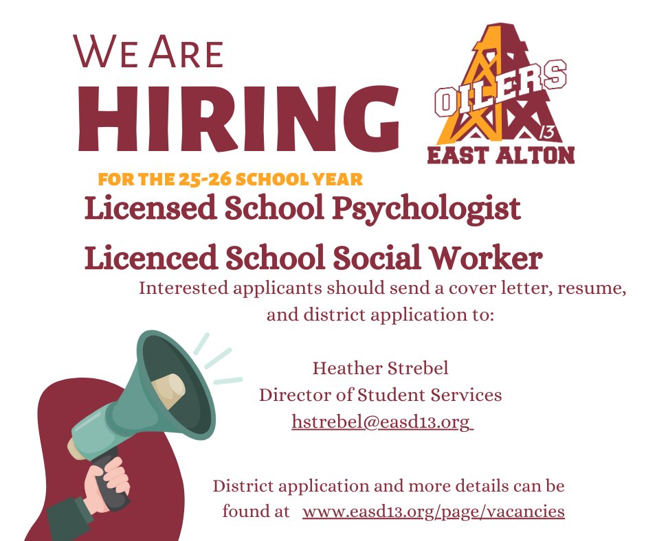 We are looking for an additional School Social Worker and School Psychologist for the 25-26 school year.  Come join our team!