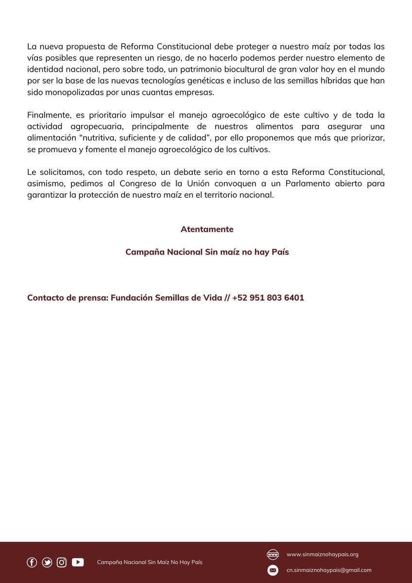 Carta a la Dra. Claudia Sheinbaum Pardo, Presidenta Constitucional de los Estados Unidos Mexicanos sobre la reforma constitucional a los artículos 4to y 27 en materia de maíz 📷

drive.google.com/file/d/1u9iBjp…