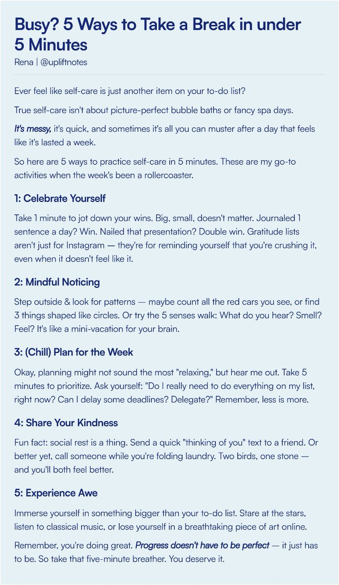 uplift_notes's tweet image. Busy? 5 Ways to Take a Break

in under 5 Minutes ⬇️