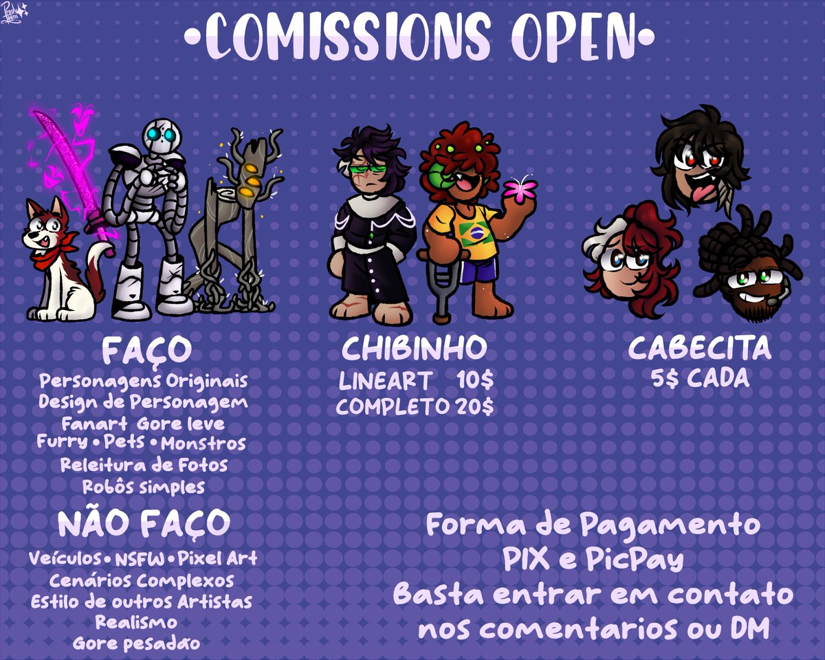 - Encomendas Abertas✏️✨

Quadro de Comissions atualizado! Os preços continuam os mesmos. Mesmo se não puder/tiver interesse de encomendar algo comigo seu simples RT🔁 já me ajudaria demais!