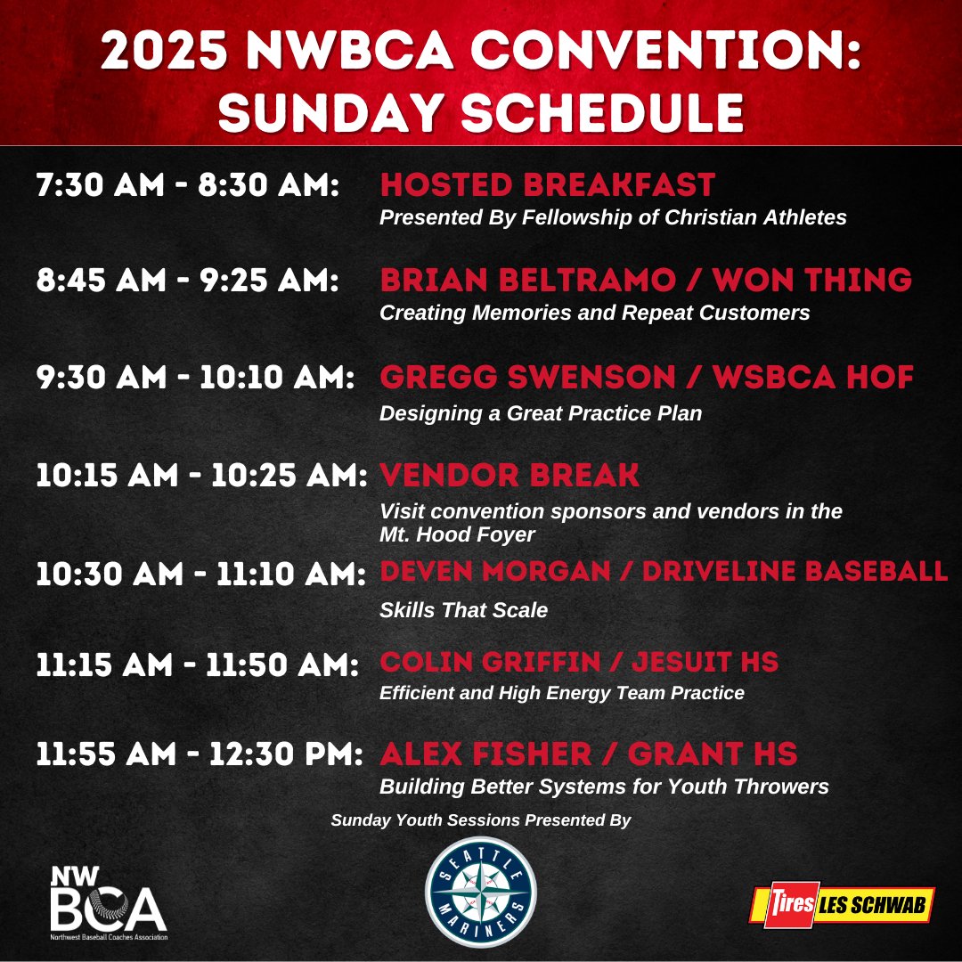 NWBCA Convention (@nwbca) on Twitter photo It’s all about the next generation on Day 3! ⚾ Join us for the Sunday Youth Session presented by the <a href="/Mariners/">Seattle Mariners</a>, featuring impactful presentations for youth coaches and programs.
HUGE thanks to <a href="/MarinersCare/">The Mariners Care Foundation</a> for their support of NW Youth Baseball/Softball programs 💪#NWBCA2025 It’s all about the next generation on Day 3! ⚾ Join us for the Sunday Youth Session presented by the <a href="/Mariners/">Seattle Mariners</a>, featuring impactful presentations for youth coaches and programs.
HUGE thanks to <a href="/MarinersCare/">The Mariners Care Foundation</a> for their support of NW Youth Baseball/Softball programs 💪#NWBCA2025