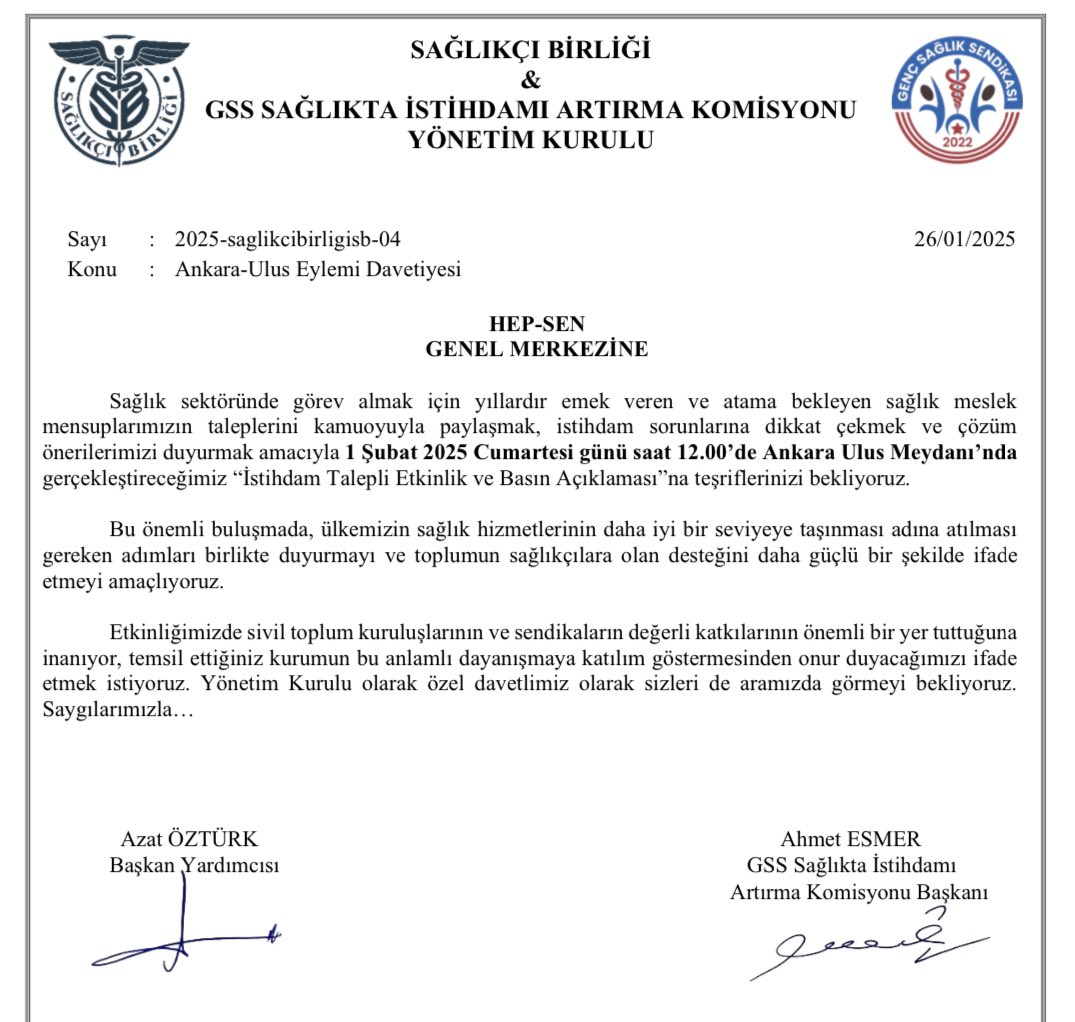 Atama bekleyen sağlıkçılar adına düzenleyeceğimiz “İstihdam Talepli Etkinlik ve Basın Açıklaması” için tüm sendikalara davetiyelerimizi ilettik.

Sağlık iş kolunda faaliyet gösteren tüm sendikaların davetimize katılım sağlayarak, atama bekleyen sağlıkçılar için dayanışma içinde