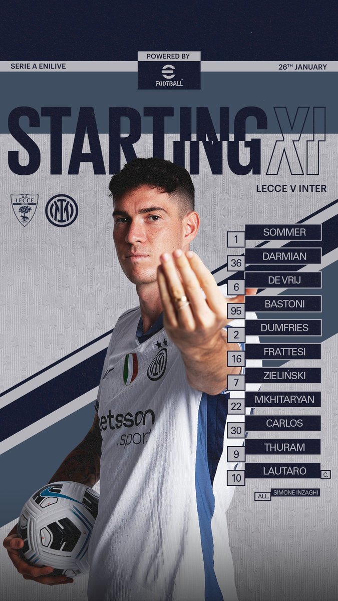 InterClub1908's tweet image. #INTER (3-5-2): 1 Sommer; 36 Darmian, 6 De Vrij, 95 Bastoni; 2  Dumfries, 16 Frattesi, 7 Zielinski, 22 Mkhitaryan, 30 Carlos Augusto; 9  Thuram, 10 Lautaro.
All.:Inzaghi
Formazione ufficiale @Inter di #LecceInter
@SerieA #SerieA #SerieATIM
SEMPRE #FORZAINTER #AMALA!!
💪🏻⚫🔵🖤💙🐍