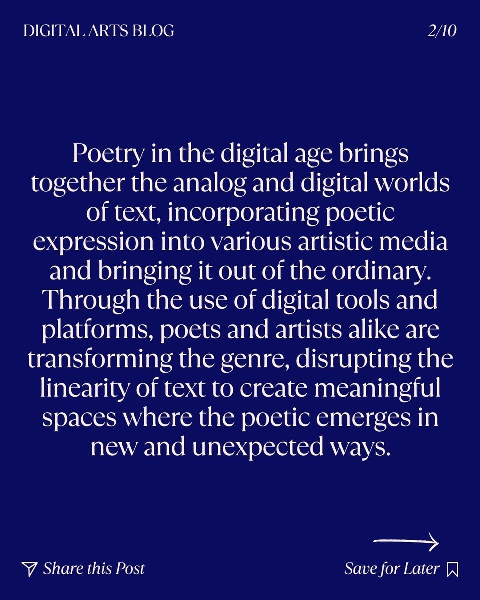 francis_ost's tweet image. POETRY IS MAKING WAVES IN THE DIGITAL AGE
"Through the use of digital tools and platforms, poets and artists alike are transforming the genre, disrupting the linearity of text to create meaningful spaces where the poetic emerges in new and unexpected ways.
From interactive…