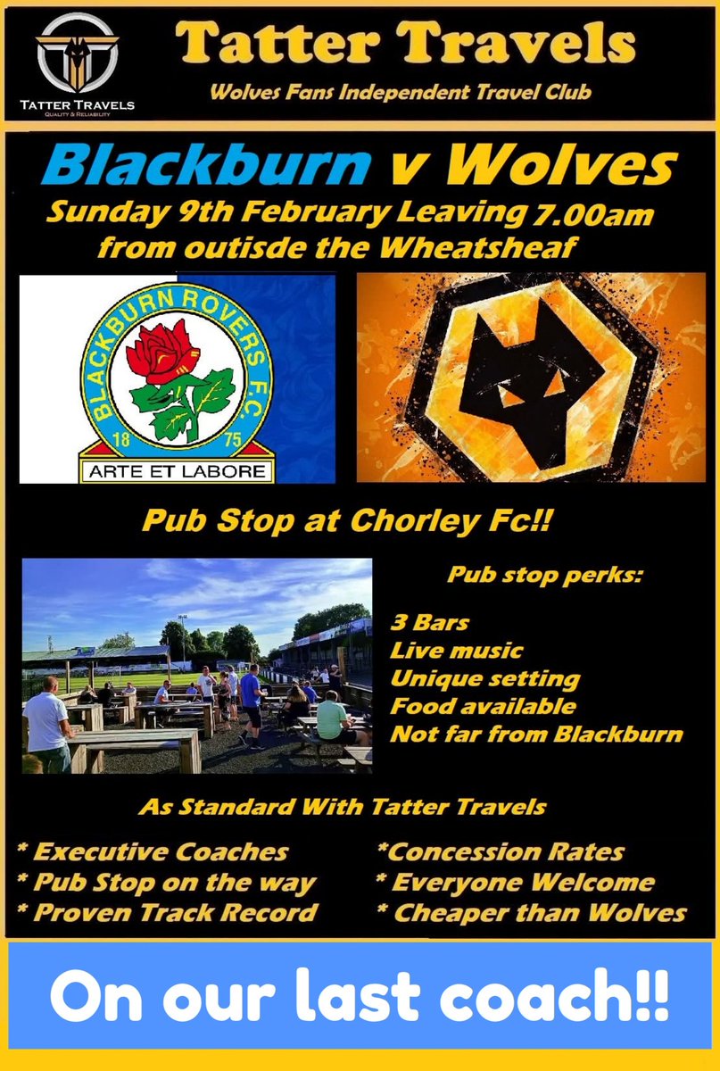 Our last coach to Blackburn is now online to book. This is our 4th and final coach on this trip. tattertravels.co.uk to book on with us. 
<a href="/chorleyawaydays/">Chorley awaydays</a>