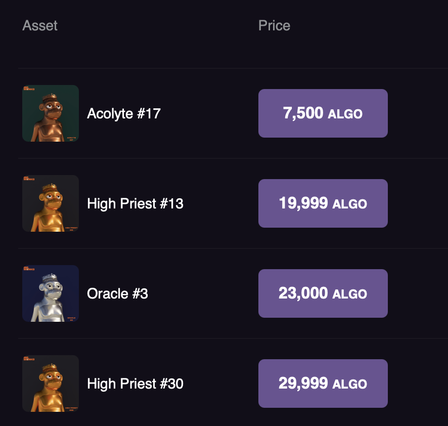 There are 4 Monk3Ds for sale now.  The Oracle (silver) is the rarest, with only 4 minted.  These provide weekly drips of $Monko to holders for the next ~2 years.  What will you do?
$ALGO