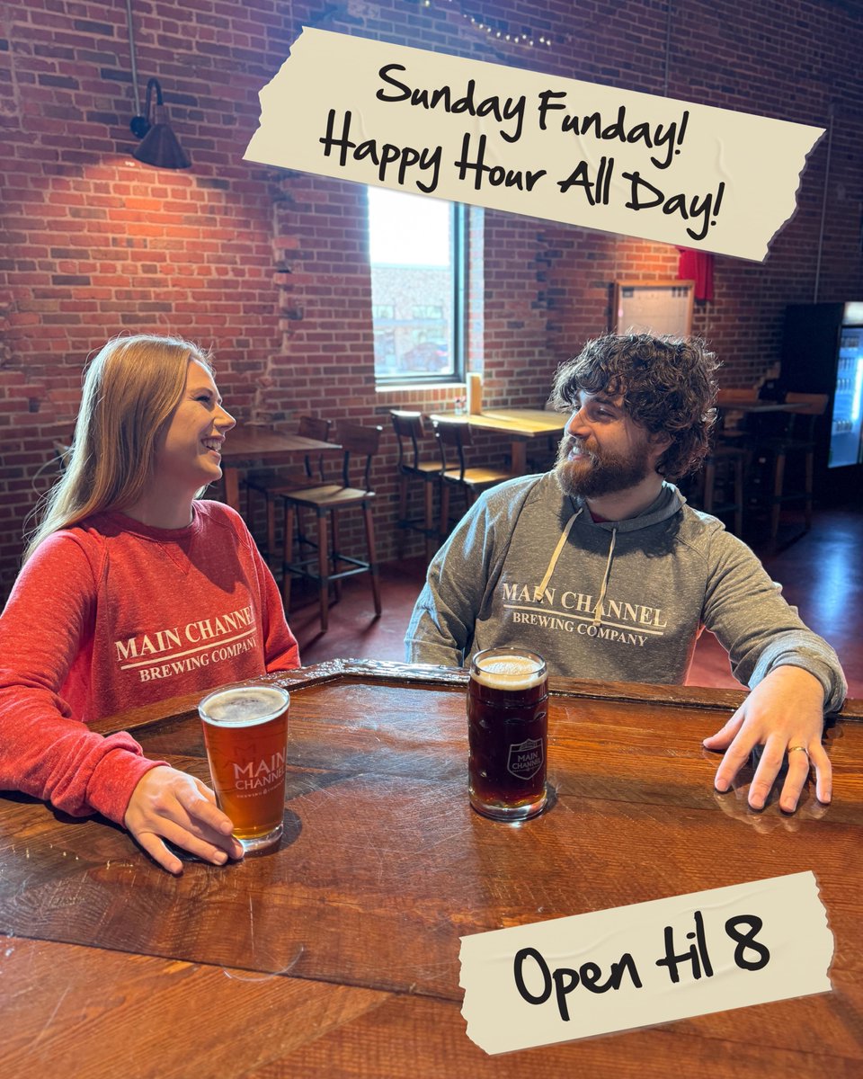 Sunday Funday at Main Channel Brewery! 
Join us today for an all-day Happy Hour special and check out our NEW merchandise! Whether you're winding down the weekend or just getting started.

🕒 We're open till 8 PM!