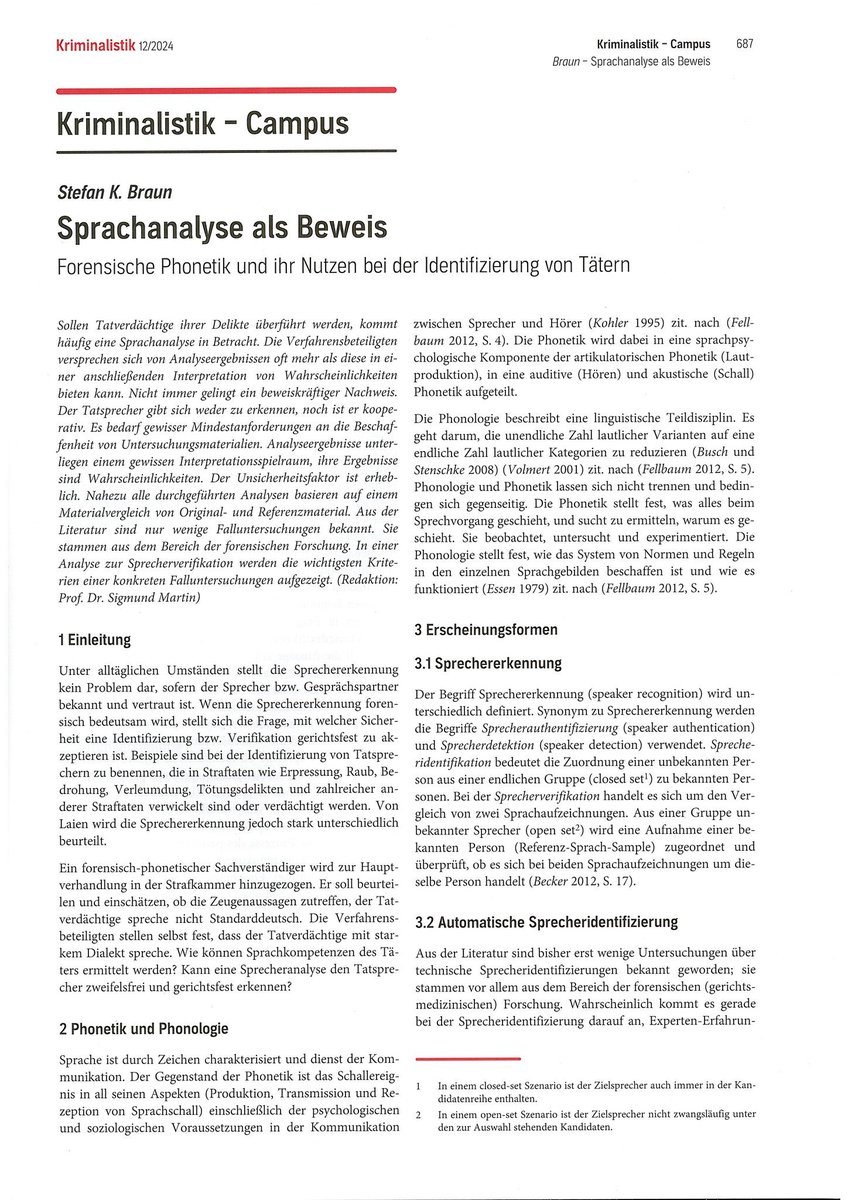 mediengutachter's tweet photo. Sprachanalyse als Beweis – Forensische Phonetik: ihr Nutzen bei der Identifizierung von Tätern
Zeitschrift „Kriminalistik“
Unabhängige Zeitschrift für die kriminalistische Wissenschaft und Praxis
12/2024 (13.12.2024)
ISSN 0023-4699
#s__k__b #sprecherverifikation #ki #forensik https://t.co/4AB3UEMcB8