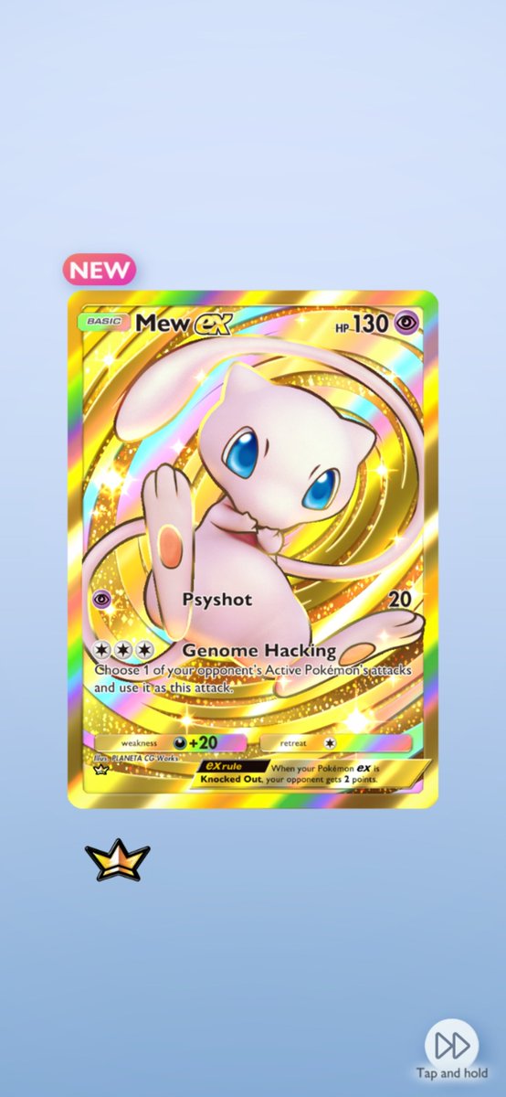 Hackerboy__'s tweet photo. BRO FINALLYYYYYY MY FIRST CROWN RARE OFF OF A DAILY PACK 😭😭😭😭 IT'S SO BEAUTIFUL ❤️❤️

#Pokemon #PokemonTCGPocket #CrownRare #MewEX #Mew https://t.co/A56aSwkwSC