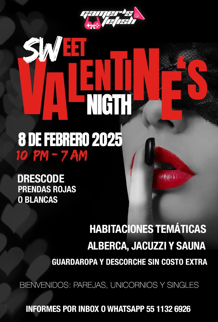 Quedan pocos días y pocos lugares para nuestro próximo evento, te vas a quedar fuera?

SWeet Valentine's Night 🤍❤️

Este próximo 8 de Febrero, ven y disfruta con nosotros de una noche completa llena de placeres y el entorno más cómodo y seguro!

🎟Tu acceso incluye:

👕