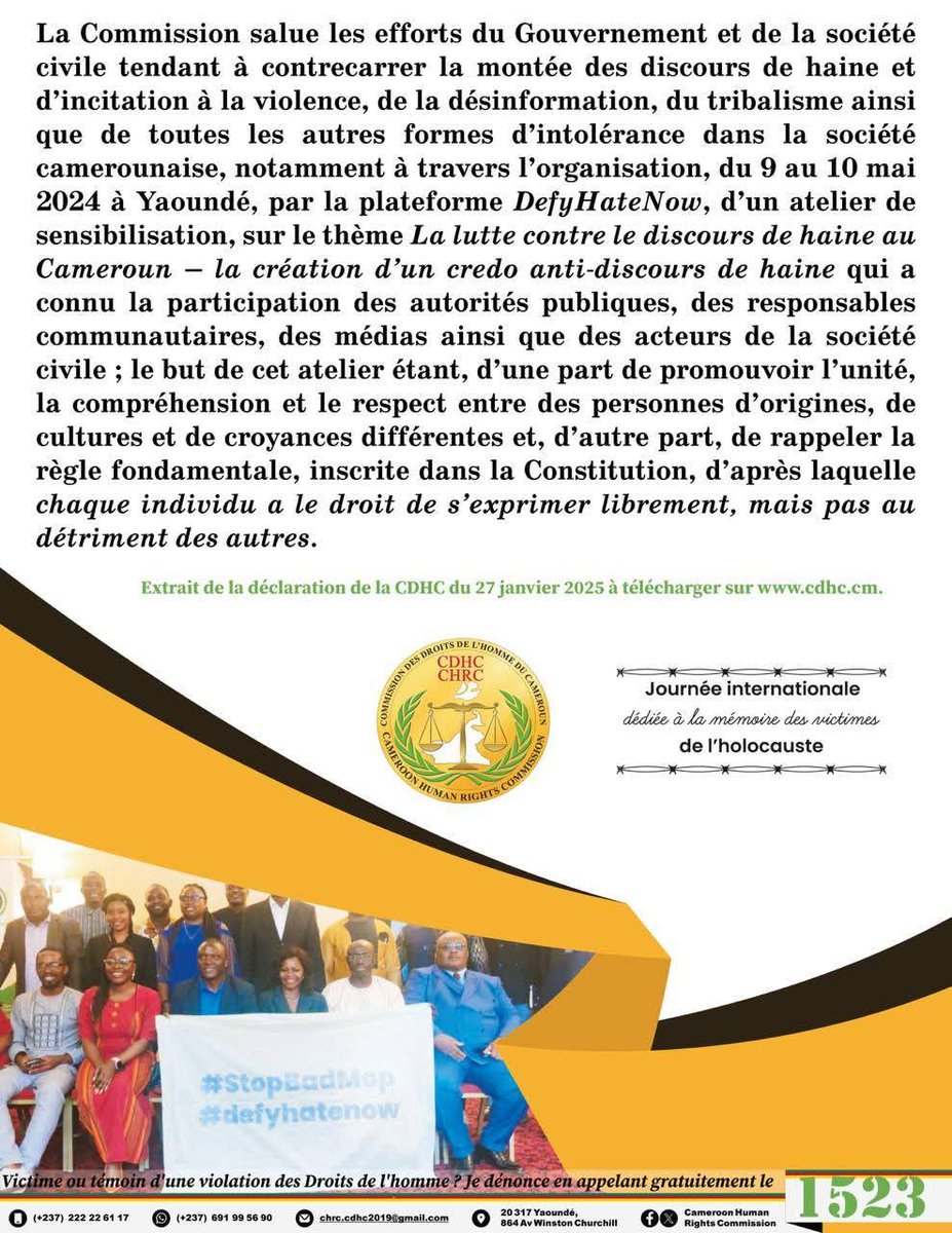 chrc_cdhc's tweet photo. LA CDHC CÉLÈBRE CE 27 janvier 2025, LA 20e ÉDITION DE LA JOURNÉE INTERNATIONALE DÉDIÉE À LA MÉMOIRE DES VICTIMES DE L’HOLOCAUSTE SOUS LE THÈME.- LA MÉMOIRE ET L’ENSEIGNEMENT DE L’HOLOCAUSTE POUR LA DIGNITÉ ET LES DROITS HUMAINS

#CDHC
#CHRC
#1523 https://t.co/b0spC17RUx