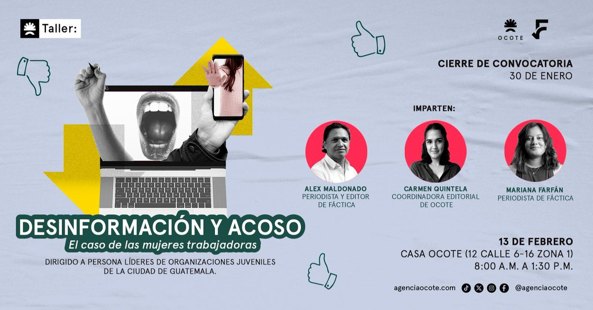 📲 Taller: «Desinformación y acoso: el caso de las mujeres trabajadoras»

📢 Si eres parte de una organización juvenil, te invitamos a participar en esta actividad de alfabetización mediática para aprender a identificar y prevenir la desinformación y las distintas formas de