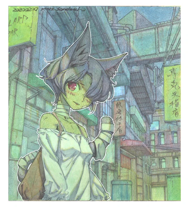 あまり再掲したことのない4枚。全面背景多し。#水彩 #原画 #色紙 #狐娘 #猫の子 