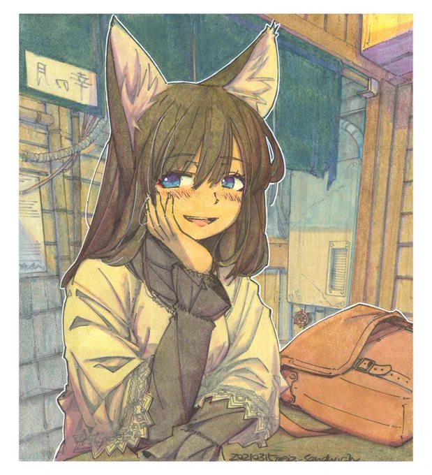 あまり再掲したことのない4枚。全面背景多し。#水彩 #原画 #色紙 #狐娘 #猫の子 