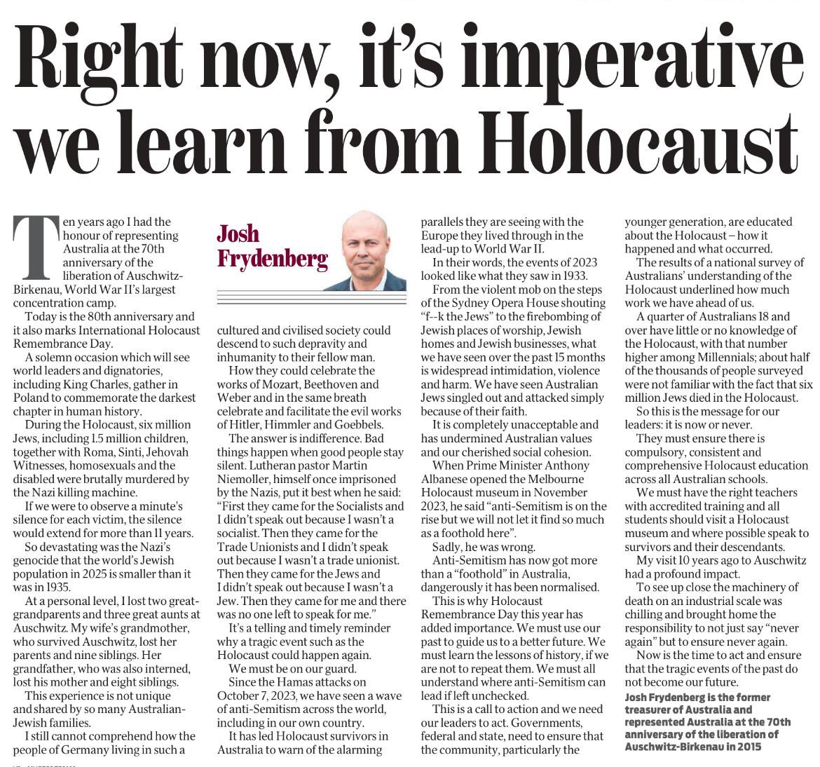 Josh Frydenberg (@joshfrydenberg) on Twitter photo This year with antisemitism dangerously on the rise, International Holocaust Remembrance Day is more important than ever.
The tragic events of our past must not become our future. Never Again.
My oped in <a href="/theheraldsun/">Herald Sun</a>👇 This year with antisemitism dangerously on the rise, International Holocaust Remembrance Day is more important than ever.
The tragic events of our past must not become our future. Never Again.
My oped in <a href="/theheraldsun/">Herald Sun</a>👇