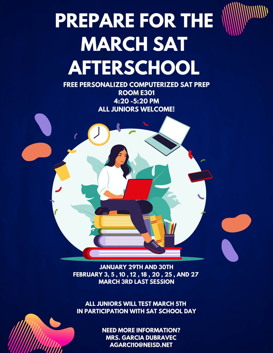 CTJ_AVID's tweet photo. @CTJohnsonHigh Class of 2026, it’s SAT prep time! Join us starting 1/29 in preparation for the @NEISD SAT school day on 3/5. https://t.co/OEx35A96HZ