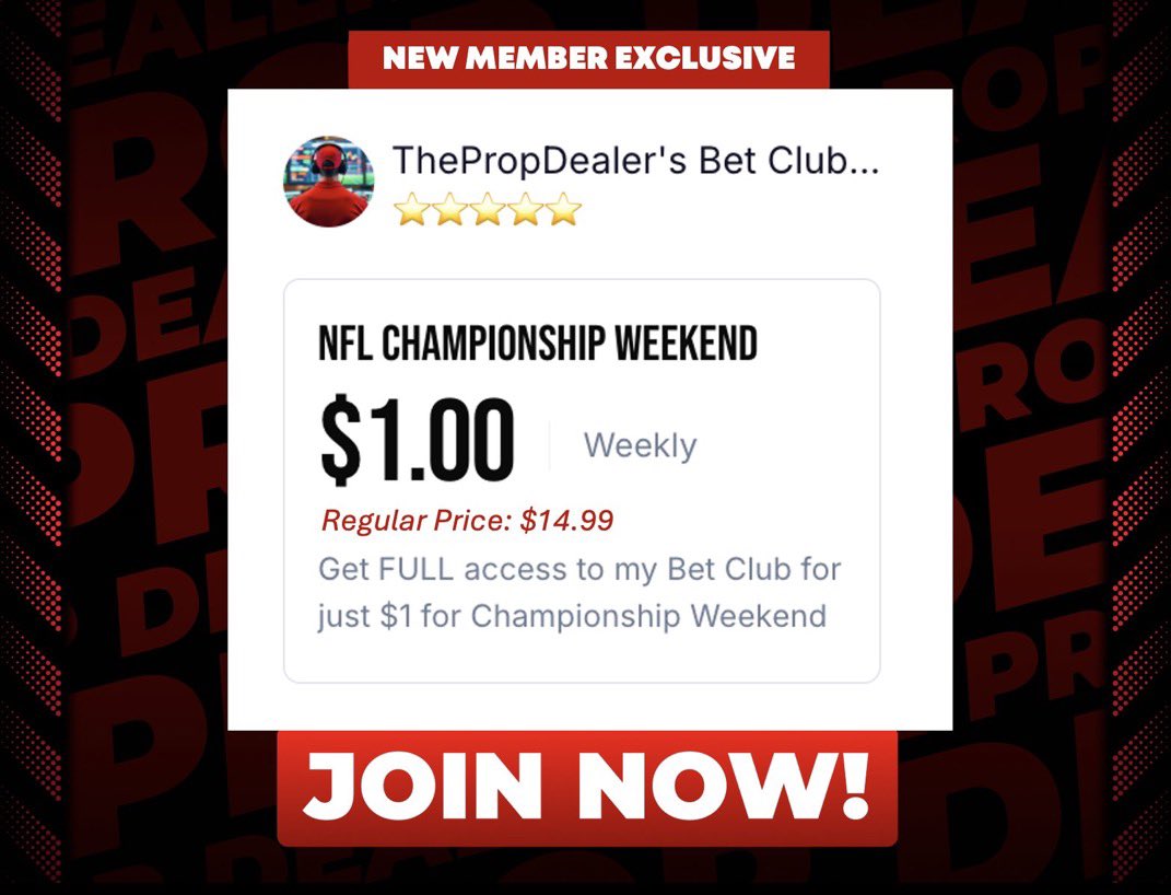 thepropdealer's tweet photo. 🚨 JOIN MY BET CLUB FOR ONLY $1 🚨

💰 GET 1 WEEK OF ACCESS TO MY BET CLUB FOR $1... USUALLY $14.99!!!

🔥 20 NEW SPOTS ADDED: https://t.co/1HqjrZNPmF

My Bet Club is the ONLY place you can access my A.I. Models for Bills @ Chiefs! https://t.co/Lj6xCXw6yN
