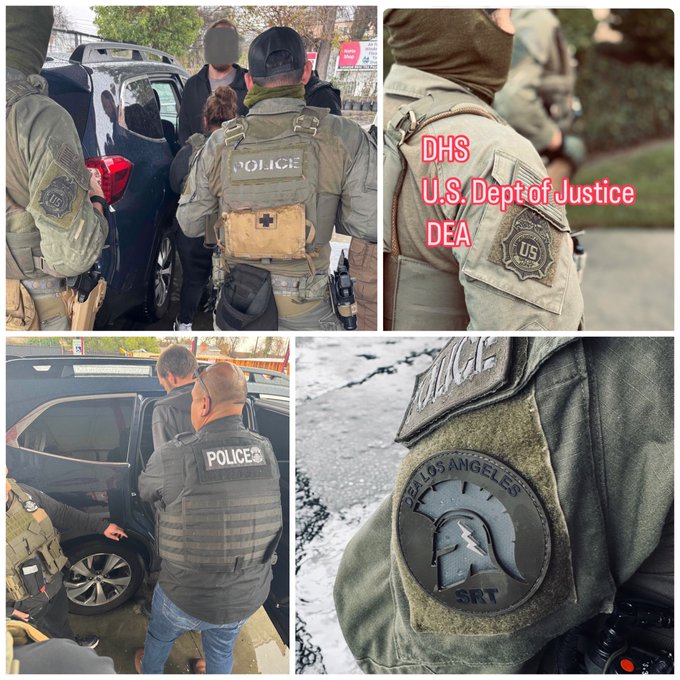 Photo collage of DEA male and female agents wearing camouflage gear. Two photos show an individual being detained.