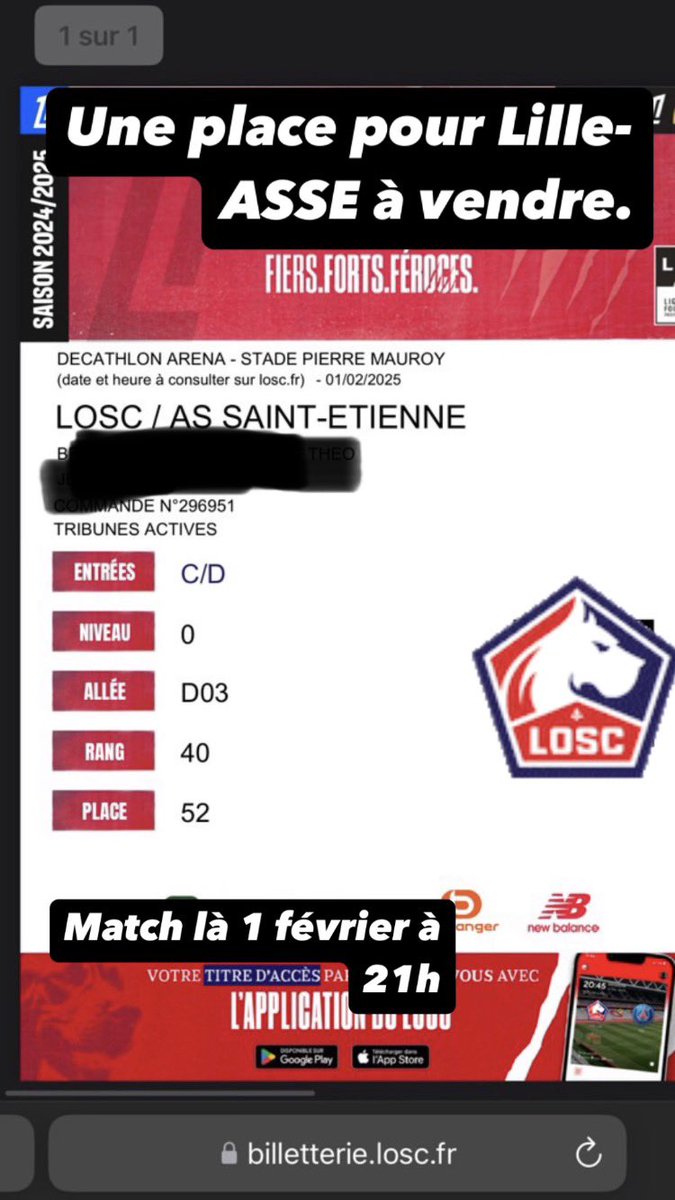 Salut les potes !

Ne sachant finalement pas me rendre au match de samedi, je revends ma place en DVE ! 

Si vous êtes intéressé vous pouvez venir en message privé. 

Allez le LOSC ! ❤️🤍