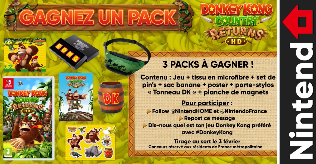 🎁 Concours – Deuxième chance de remporter Donkey Kong Country Returns HD avec encore plus de goodies à la clé !

Pour participer :
🔄 RT et Follow <a href="/NintendHOME/">NintendHOME – News & Opinions Nintendo</a> et <a href="/NintendoFrance/">Nintendo France</a>
#️⃣ Dis-nous quel est ton jeu DK préféré avec #DonkeyKong
📅 Tirage au sort le 03/02 (3 gagnants)