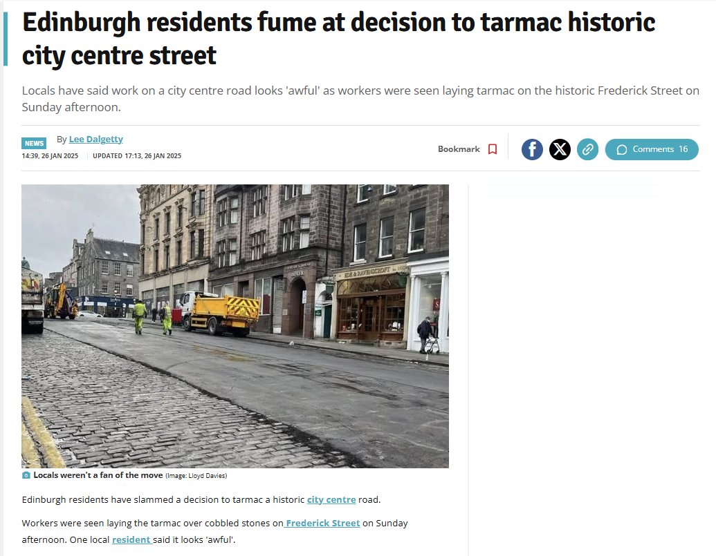 Agent P (@agentp22) on Twitter photo Remember when <a href="/Edinburgh_CC/">The City of Edinburgh Council</a> threatened a woman with a £20,000 fine because she painted her door pink within a UNESCO Heritage Area?
Well today that same council just tarmacked over centuries old cobble stones within that same UNESCO Heritage Area.
It's an absolute disgrace. Remember when <a href="/Edinburgh_CC/">The City of Edinburgh Council</a> threatened a woman with a £20,000 fine because she painted her door pink within a UNESCO Heritage Area?
Well today that same council just tarmacked over centuries old cobble stones within that same UNESCO Heritage Area.
It's an absolute disgrace.
