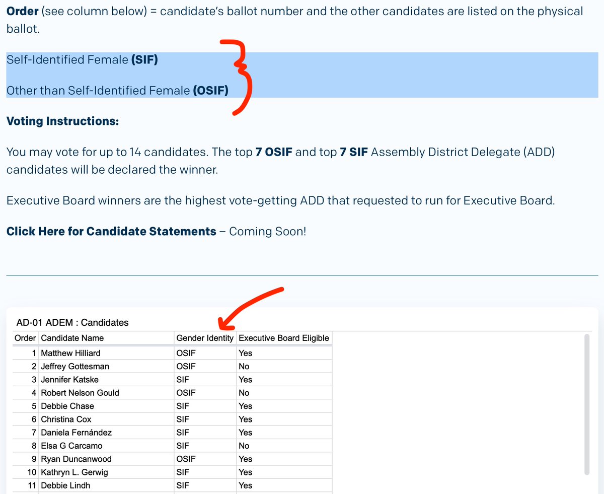 BethOdo_SF's tweet photo. Have the dems not realized that gender politics is not a winning strategy? The group that elects delegates to the CA Dem Party highlight gender on the ballot... and wait until you see the ONLY 2 gender options:
1. Self-Identified Female
2. Other than Self-Identified Female (?!?) https://t.co/nKlErzjhyN