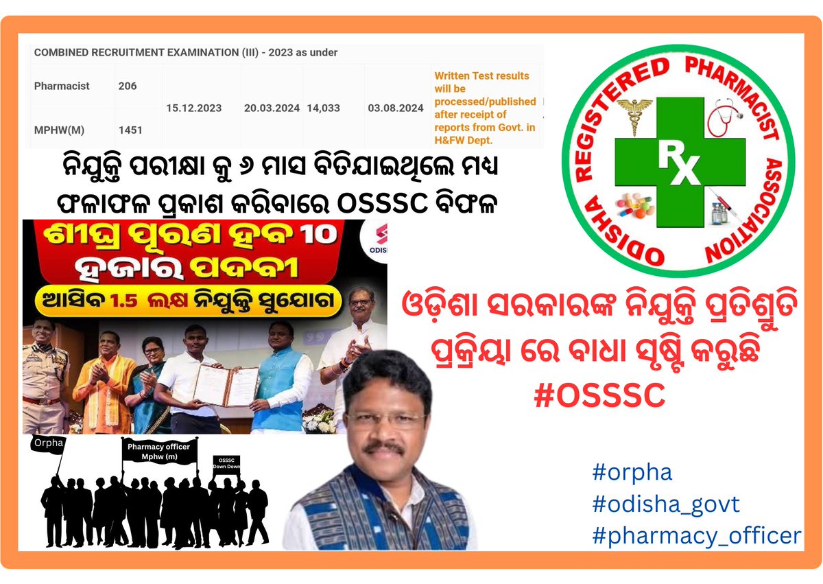 OdishaRegister1's tweet photo. "Odisha Govt must intervene in OSSSC's delay in releasing results for Pharmacy Officer &amp; MPHW (M) posts. With 1657 vacancies, applicants deserve timely updates on the recruitment process.
@CMO_Odisha @MahalingMukesh @MohanMOdisha @dpradhanbjp @JPNadda @KVSinghDeo1 @MoHFW_INDIA https://t.co/pkgOWDTICe