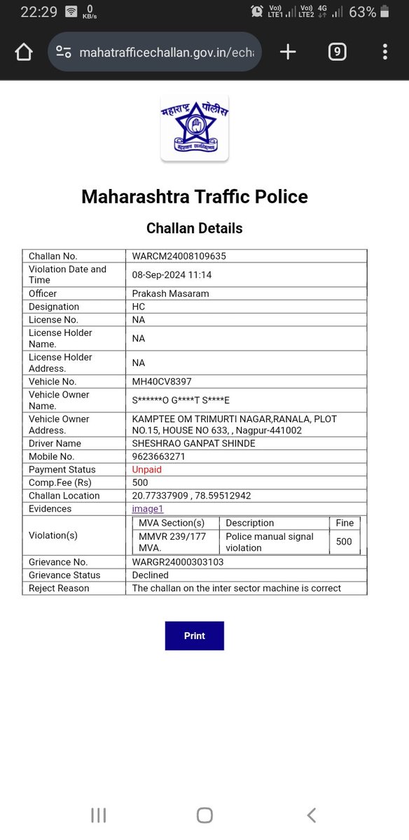saurabhshinde's tweet photo. @trafficngp "WRONGFULLY BOOKED! Received a challan for my bike with coordinates of a location I've NEVER BEEN TO! My bike was at my workplace in Nagpur on that day. Raised a grievance, but they declined it citing "machine accuracy" despite visible discrepancies. #WrongfulChallan https://t.co/iJAFdAbWP4