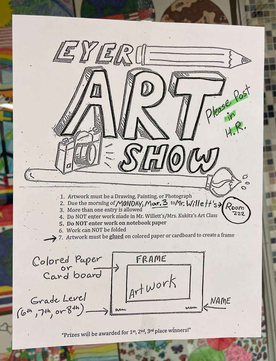 The 12th Annual Eyer Art Show is here! Students can submit work in Drawing, Painting, or Photography by March 3rd to Mr. Willett in Room 222. Artwork will be displayed in the Eyer Commons during school &amp; Frozen Jr. performances. We can’t wait to see your creativity! #OneEyer
