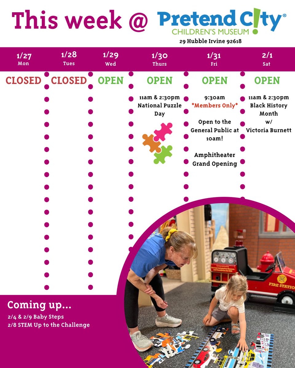 1/29 - Come do puzzles with us!

1/31 - Amphitheater Ribbon Cutting Ceremony with a Fashion Show, activities, and more! 9:30 am members only. Open to the General Public at 10 am.

2/1 - Join us as we honor and celebrate black leaders, artists, and innovators throughout the day