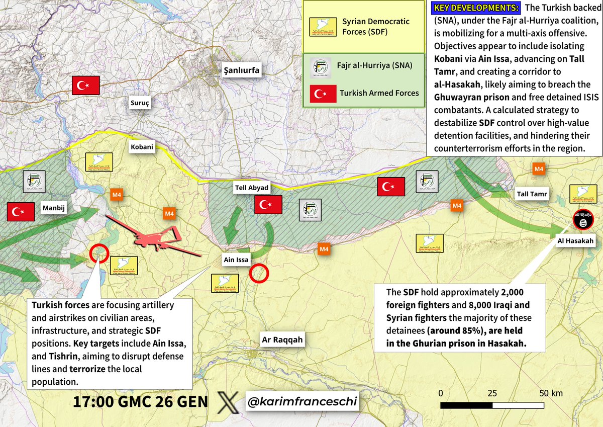 URGENT MAP UPDATE

Turkish-backed SNA (فجر الحرية) and Turkish Armed Forces 🇹🇷 are preparing for a large-scale offensive.

⭕ Civilian casualties mounting: Tishrin Dam bombarded, children murdered east of Ain Issa.
🟢➡️ Green arrows mark probable advance axes targeting Ain Issa,
