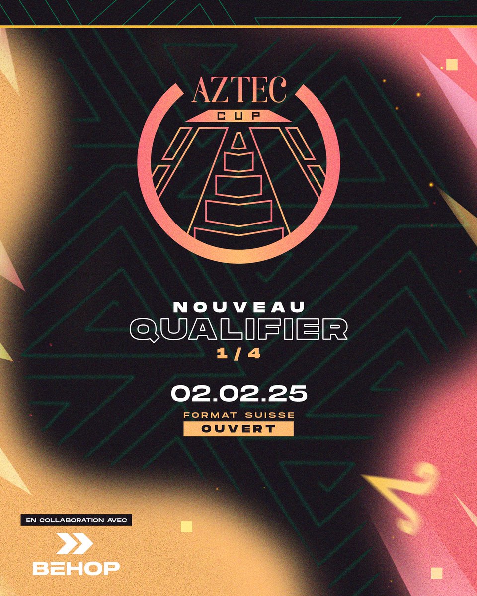 🌋<a href="/BeHopGG/">BeHop</a> 𝒙 #AztecCUP - 𝑸𝒖𝒂𝒍𝒊𝒇𝒊𝒆𝒓 1🌋

🔹 Format : Système Suisse
🔹 8 Slots
🔹 3 Manches
🔹 Tous les matchs en BO1
🏆 À gagner : Un slot pour la #AztecArena !

𝐿𝑖𝑒𝑛 𝑑'𝑖𝑛𝑠𝑐𝑟𝑖𝑝𝑡𝑖𝑜𝑛 𝑑𝑖𝑠𝑝𝑜𝑛𝑖𝑏𝑙𝑒 𝑠𝑢𝑟 𝑛𝑜𝑡𝑟𝑒 𝑑𝑖𝑠𝑐𝑜𝑟𝑑.