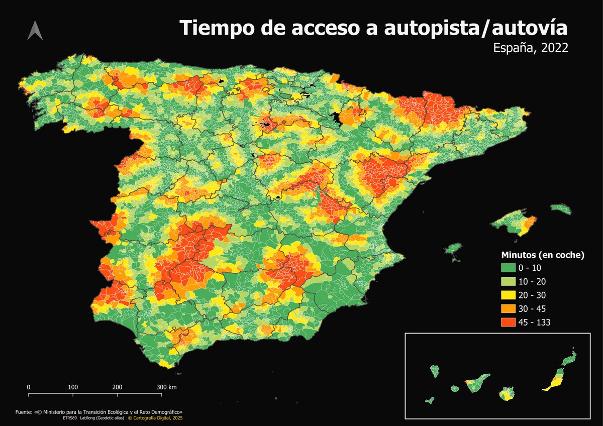 Tiempo de acceso a autovía por municipio, 2022.
