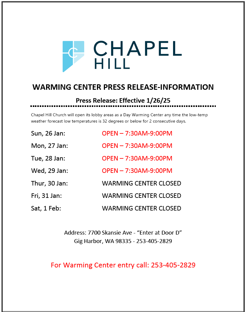 Gig Harbor Warming Center hours for the week: